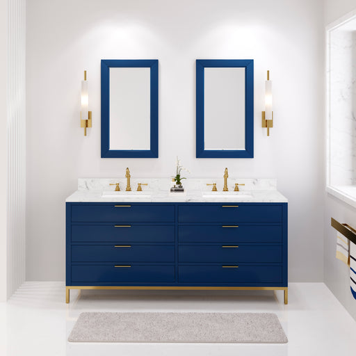 Water Creation Bristol Bristol 72 In. Double Sink Carrara White Marble Countertop Bath Vanity in Monarch Blue with Satin Gold Hook Faucets and Rectangular Mirrors S