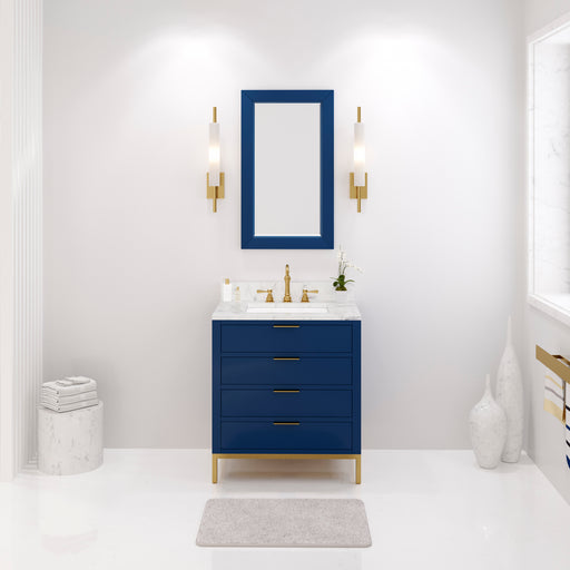 Water Creation Bristol Bristol 30 In. Single Sink Carrara White Marble Countertop Bath Vanity in Monarch Blue with Rectangular Mirror S