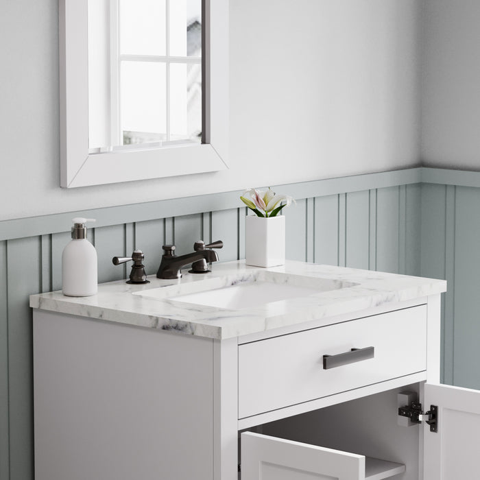 Water Creation Hartford 30" Single Sink Carrara White Marble Countertop Bath Vanity in Pure White