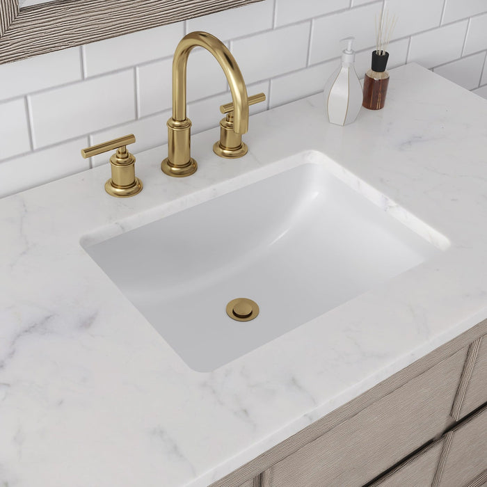 Water Creation Oakman 30" Single Sink Carrara White Marble Countertop Bath Vanity in Grey Oak with Gold Faucets