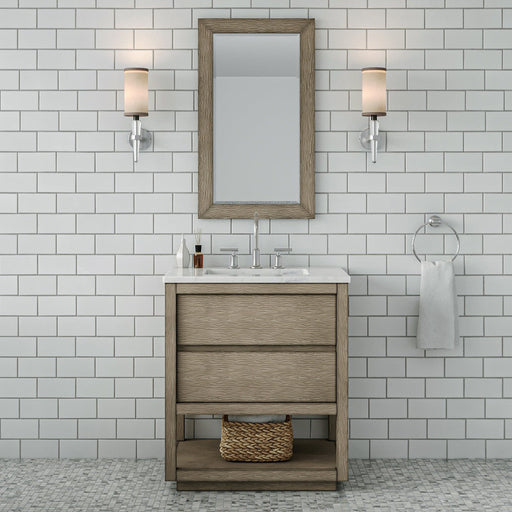 Water Creation Oakman 30" Single Sink Carrara White Marble Countertop Bath Vanity in Grey Oak with Chrome Faucet