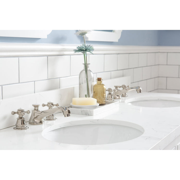 Water Creation Queen Queen 60-Inch Double Sink Quartz Carrara Vanity In Pure White With Matching Mirror s and F2-0009-05-BX Lavatory Faucet s QU60QZ05PW-Q21BX0905