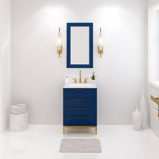 Water Creation Bristol Bristol 24 In. Single Sink Carrara White Marble Countertop Bath Vanity in Monarch Blue with Rectangular Mirror S
