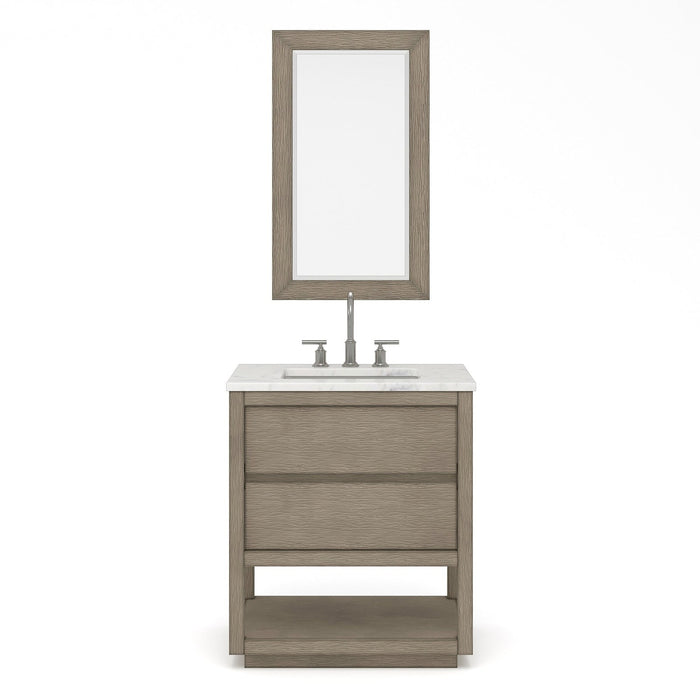 Water Creation Oakman 30" Single Sink Carrara White Marble Countertop Bath Vanity in Grey Oak with Chrome Faucet and Mirror