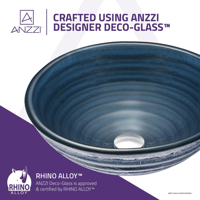 ANZZI Rongomae Series 17" x 17" Deco-Glass Round Vessel Sink in Coiled Blue Finish with Polished Chrome Pop-Up Drain LS-AZ8097