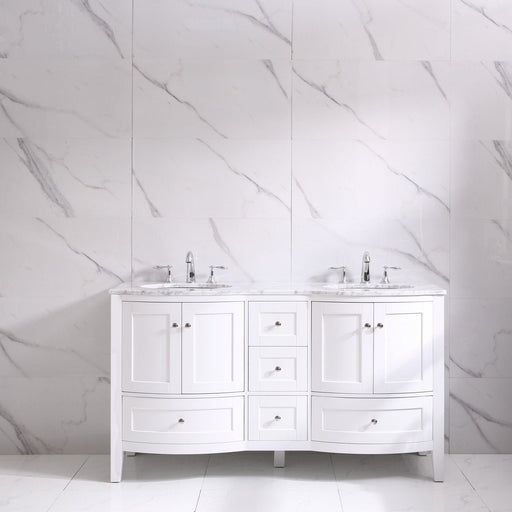 Eviva Stanton 60" Transitional Double Sink Bathroom Vanity in White Finish with White Carrara Countertop and Undermount Porcelain Sinks