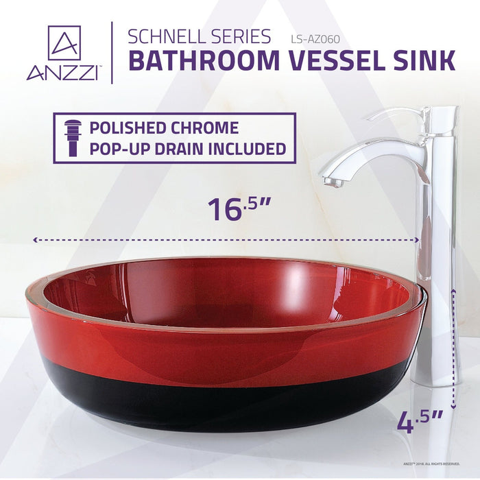 ANZZI Schnell Series 17" x 17" Deco-Glass Cylinder Shape Vessel Sink in Lustrous Red and Black Finish with Polished Chrome Pop-Up Drain LS-AZ060
