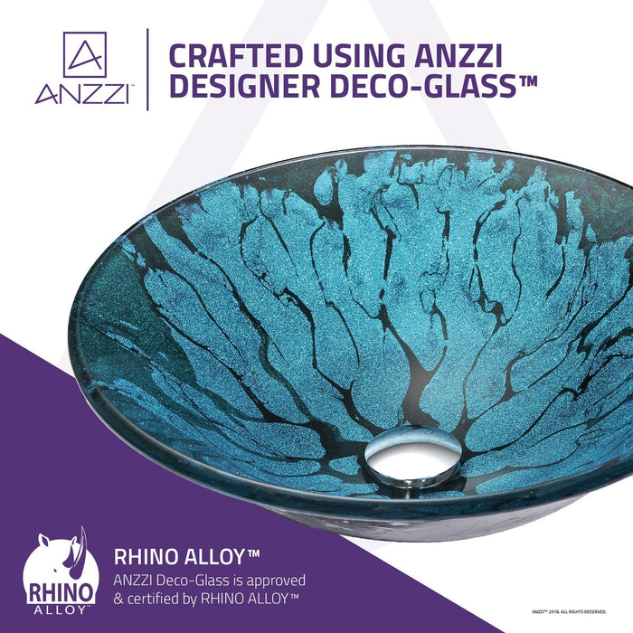 ANZZI Key Series 17" x 17" Deco-Glass Round Vessel Sink in Lustrous Blue and Black Finish with Polished Chrome Pop-Up Drain LS-AZ046