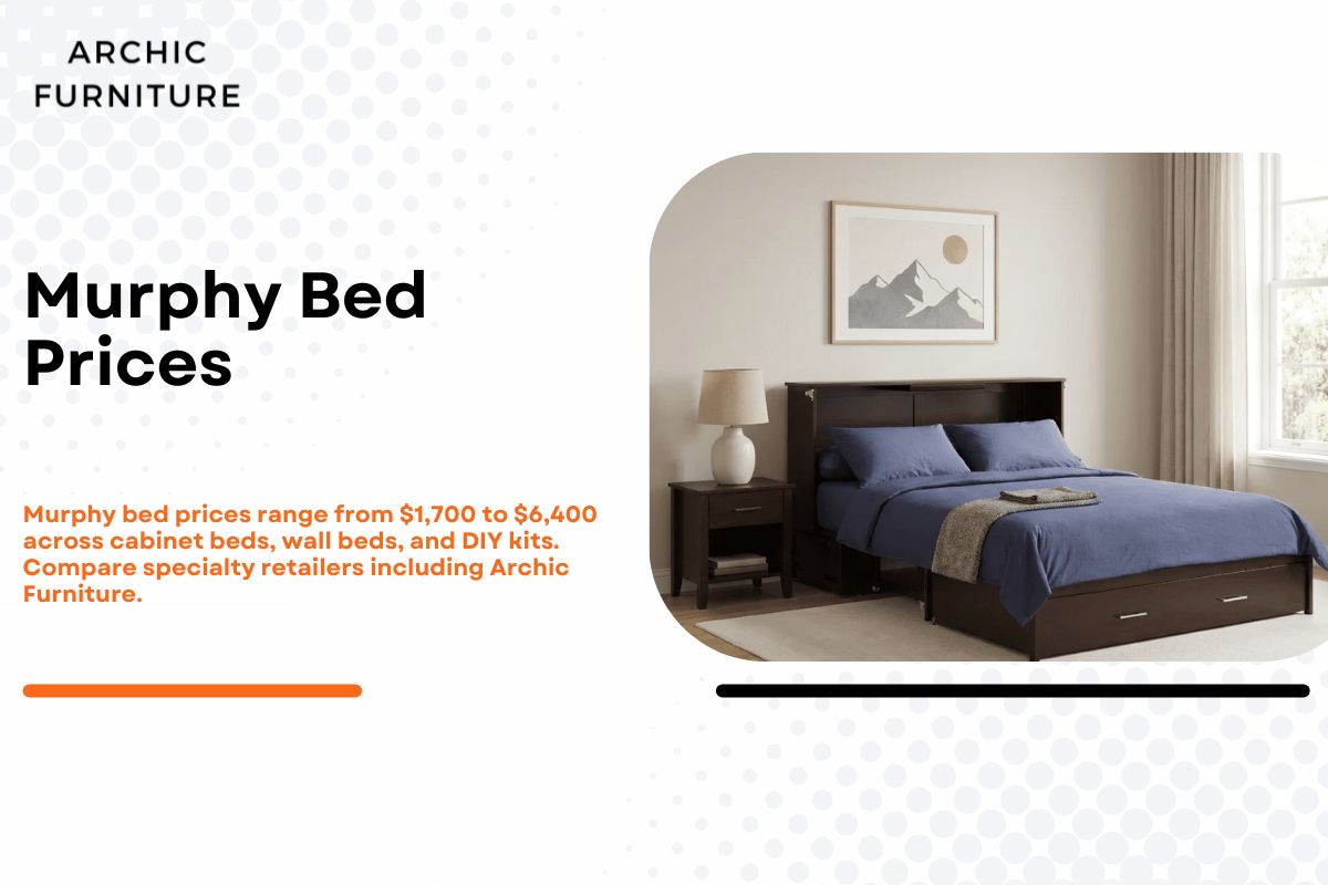 A Night and Day Sagebrush queen Murphy cabinet bed open with the queen mattress, storage drawer, and side trays visible, representing the cabinet Murphy bed format priced from $1,697 to $2,997 at Archic Furniture.
