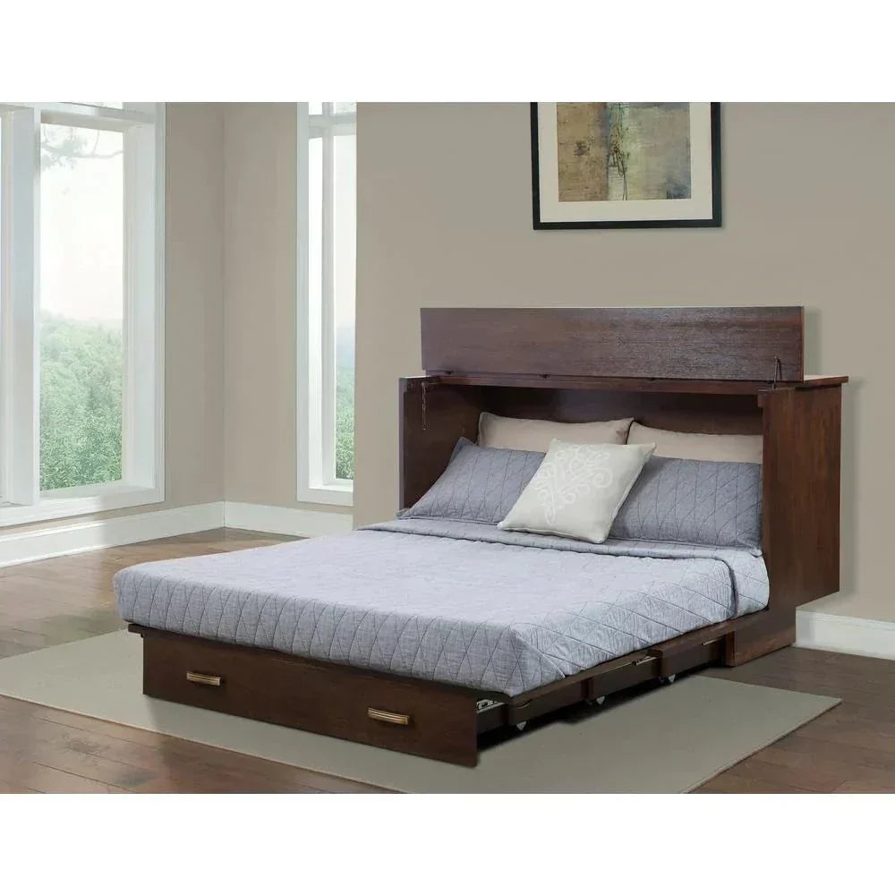 Brown framed cabinet bed with blue sheets open inside modern, window-lit bedroom.