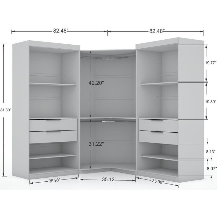 Manhattan Comfort Mulberry 2.0 Semi Open 3 Sectional Modern Wardrobe Corner Closet with 4 Drawers - Set of 3 in White