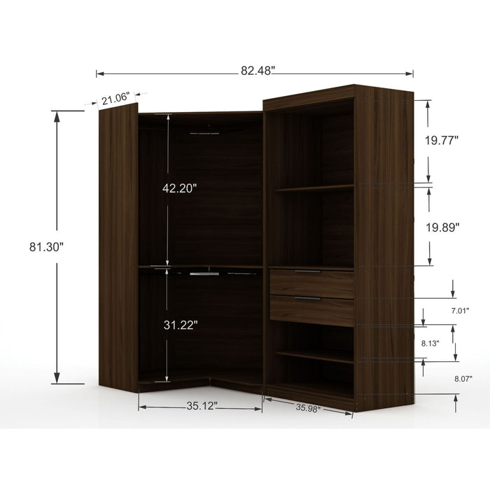Manhattan Comfort Mulberry 2.0 Semi Open 2 Sectional Modern Wardrobe Corner Closet with 2 Drawers - Set of 2 in White