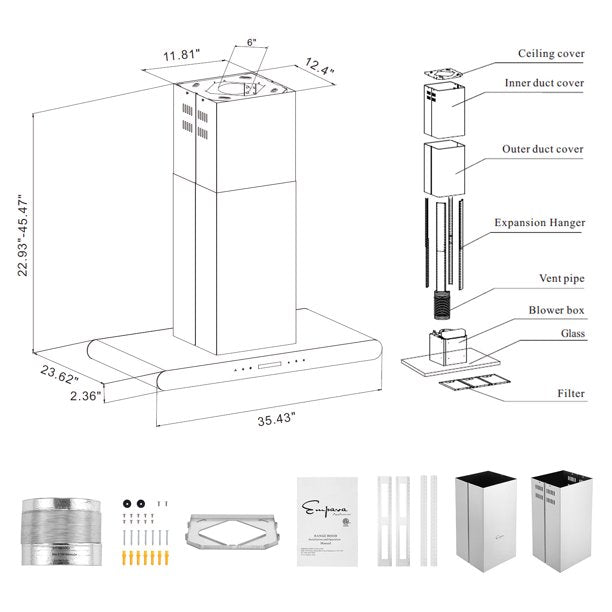 Empava 36 inch 400 CFM Island Wall Mount Ducted Range Hood EMPV-36RH10