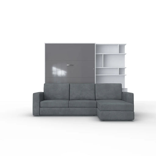 Maxima House Murphy Bed European Full XL Vertical with a Sectional Sofa and a Bookcase Invento