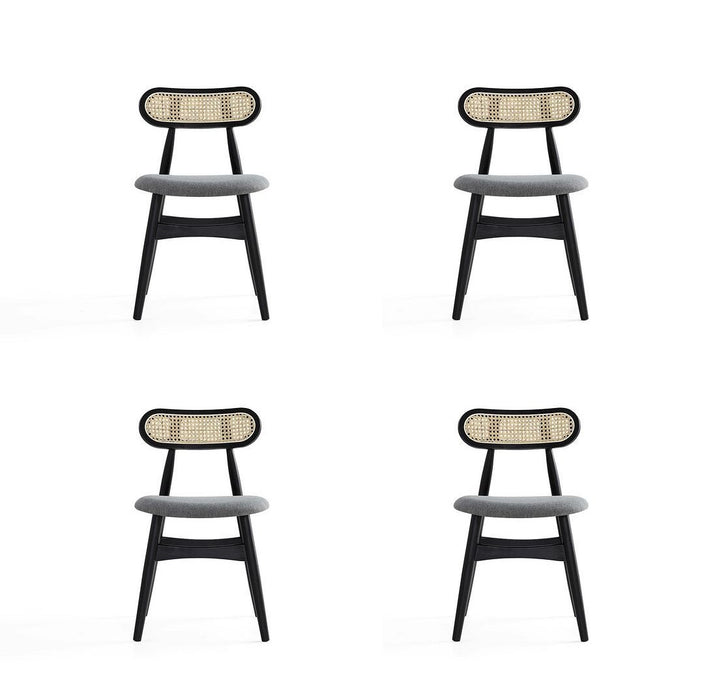 Manhattan Comfort Colbert Dining Chair in Black and Cane with Grey Upholstered Seating - Set of 4