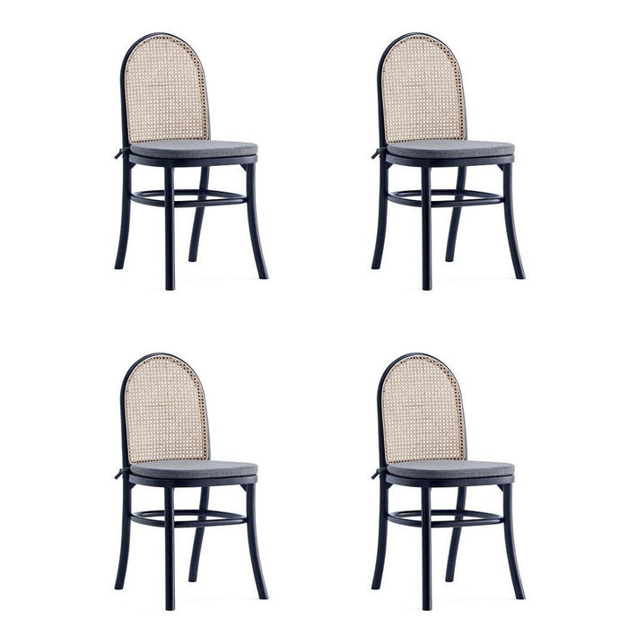 Manhattan Comfort Paragon Dining Chair 1.0 with Grey Cushions in Black and Cane - Set of 4