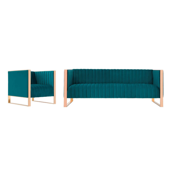 Manhattan Comfort Trillium 2-Piece Teal and Gold Sofa and Armchair Set