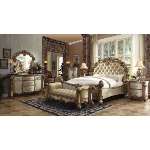 Acme Furniture Vendome E. King Bed - Hb Button Tufted in Brass PU & Gold Patina Finish 22997EK-HB