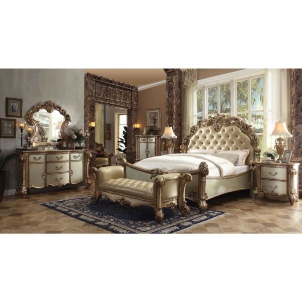 Acme Furniture Vendome E. King Bed - Hb Button Tufted in Brass PU & Gold Patina Finish 22997EK-HB