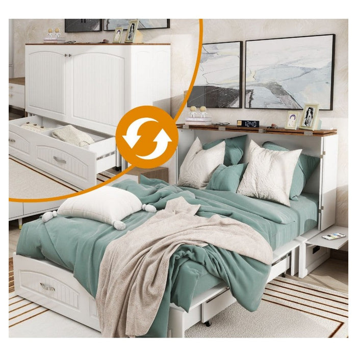 Livelylodge Murphy Bed Cabinet with Drawer Includes Storage Cabinet, Murphy Bed Full with Charging and USB Port, White Queen Murphy Bed Cabinet Bed for Home Office