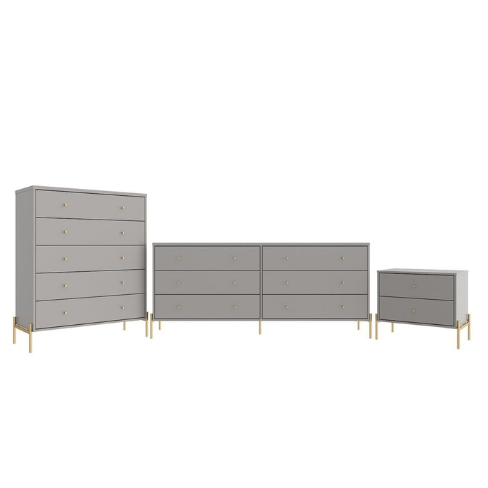 Manhattan Comfort Jasper Full Extension Tall Dresser, Double Wide Dresser and Nightstand Set of 3 in White Gloss