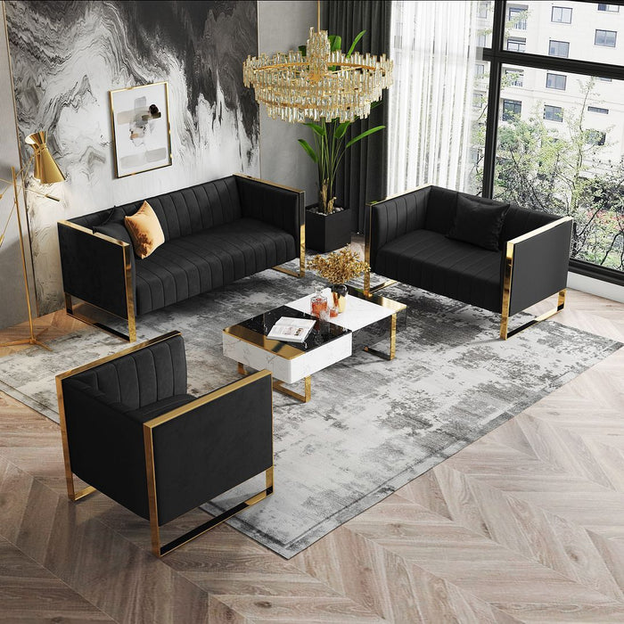 Manhattan Comfort Trillium 3-Piece Teal and Gold Sofa, Loveseat and Armchair
