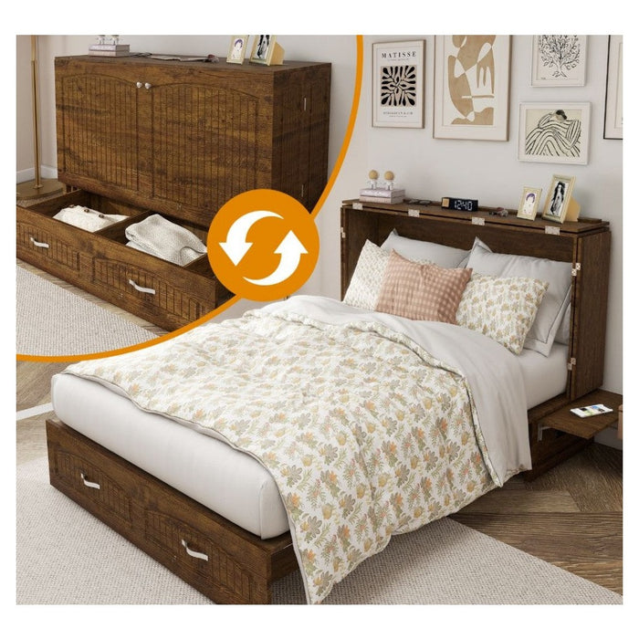 Livelylodge Murphy Bed Cabinet, Murphy Bed Queen with USB and Charging Ports, Murphy Bed Cabinet with Drawer Reddish-Brown Cabinet Bed