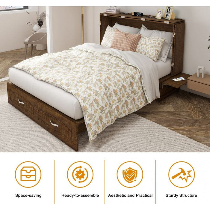 Livelylodge Murphy Bed Cabinet, Murphy Bed Queen with USB and Charging Ports, Murphy Bed Cabinet with Drawer Reddish-Brown Cabinet Bed