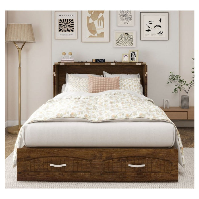 Livelylodge Murphy Bed Cabinet, Murphy Bed Queen with USB and Charging Ports, Murphy Bed Cabinet with Drawer Reddish-Brown Cabinet Bed