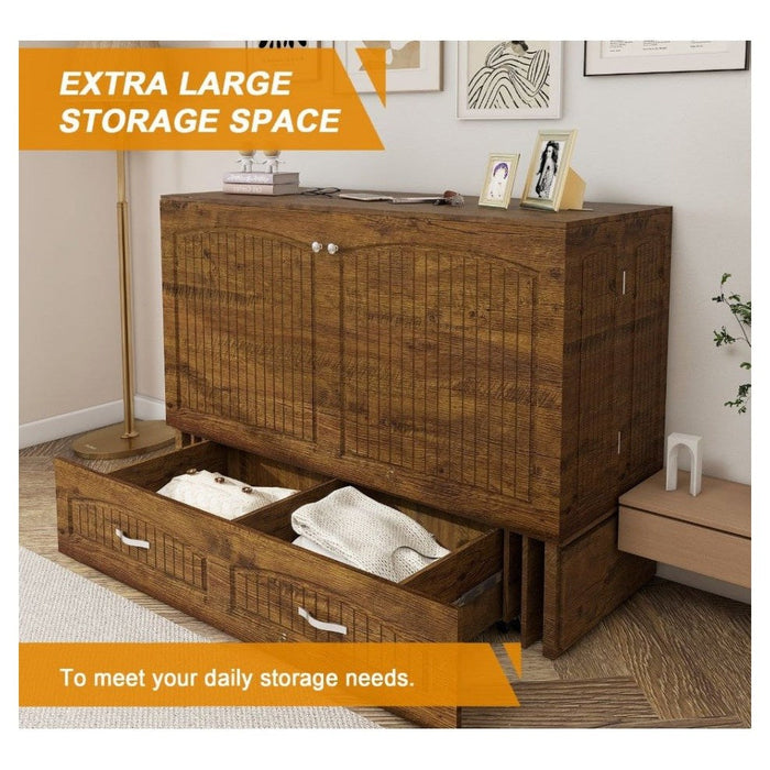 Livelylodge Murphy Bed Cabinet, Murphy Bed Queen with USB and Charging Ports, Murphy Bed Cabinet with Drawer,Reddish-Brown