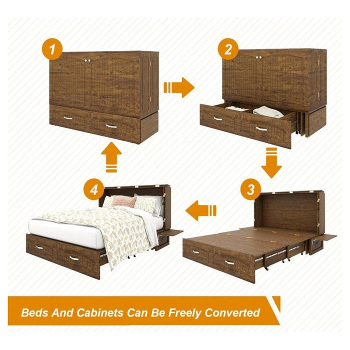 Livelylodge Murphy Bed Cabinet, Murphy Bed Queen with USB and Charging Ports, Murphy Bed Cabinet with Drawer Reddish-Brown Cabinet Bed