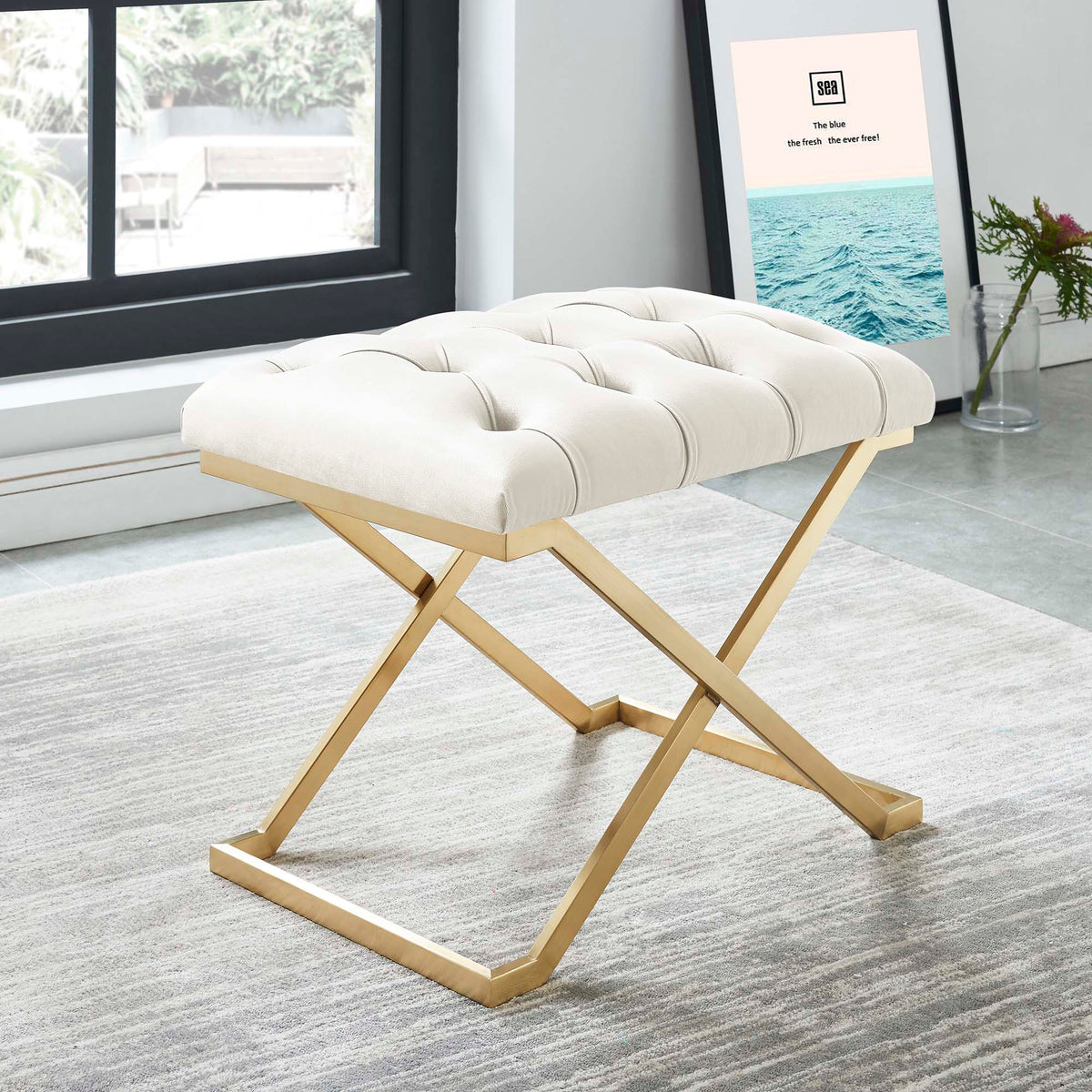Worldwide Home Furnishings Rada-Single Bench-Ivory/Gold Bench 401-404I