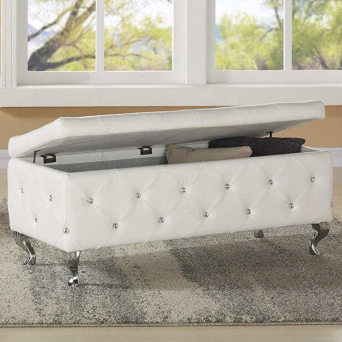 Worldwide Home Furnishings Monique-Storage Ottoman-White Pu Rectangular Storage Ottoman 402-130WT