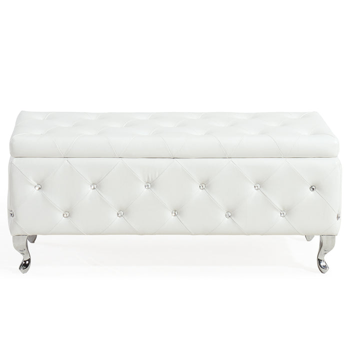 Worldwide Home Furnishings Monique-Storage Ottoman-White Pu Rectangular Storage Ottoman 402-130WT