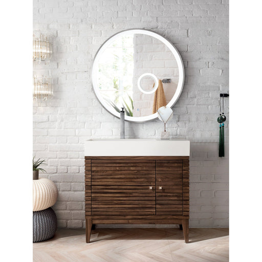 James Martin Linear 36" Single Bathroom Vanity in Mid Century Walnut, shown in a bathroom setting
