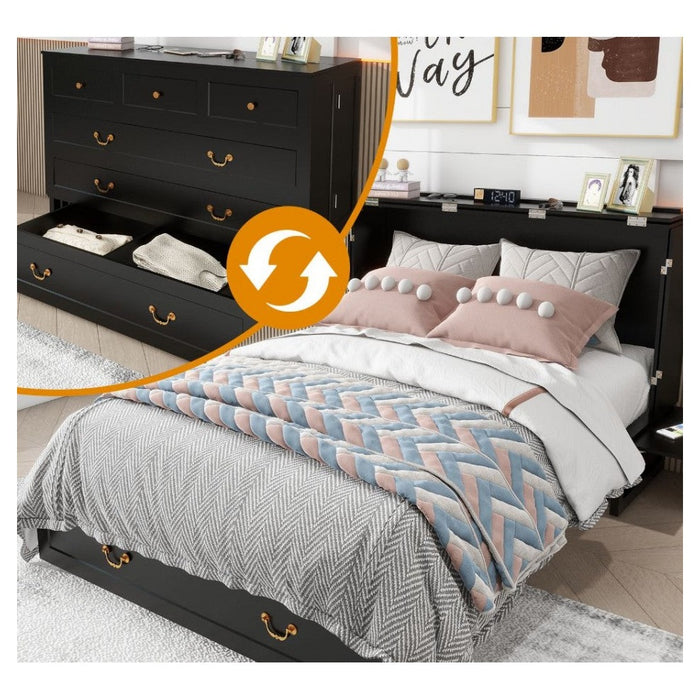 Livelylodge Queen Murphy Bed, Murphy Bed with Drawer Includes Storage Cabinet,USB and Charging Port,Black