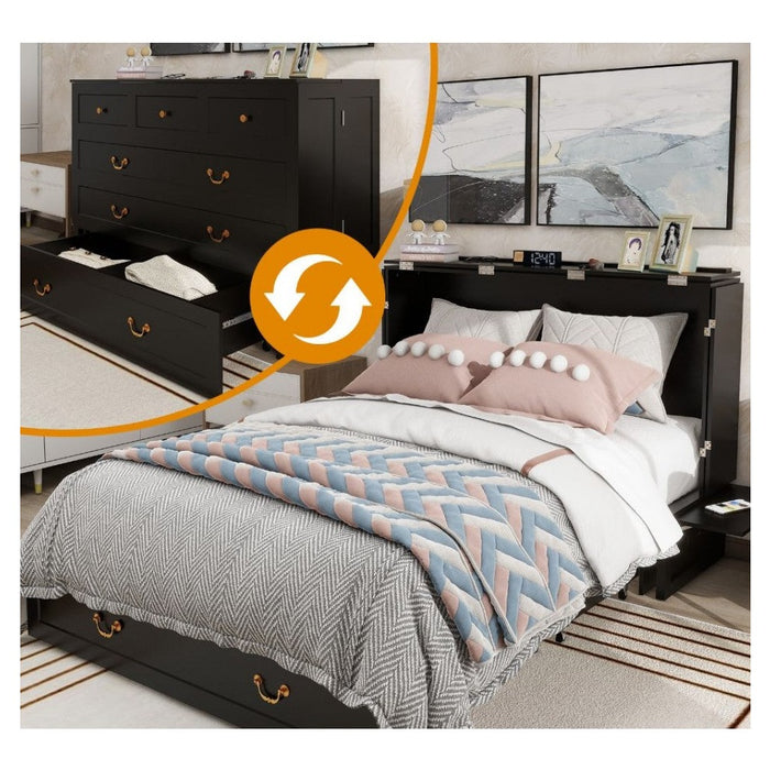 Livelylodge Queen Murphy Bed, Murphy Bed with Drawer Includes Storage Cabinet,USB and Charging Port, Murphy Bed Queen Suit for Guest Room, Black Cabinet Bed Guest Bed