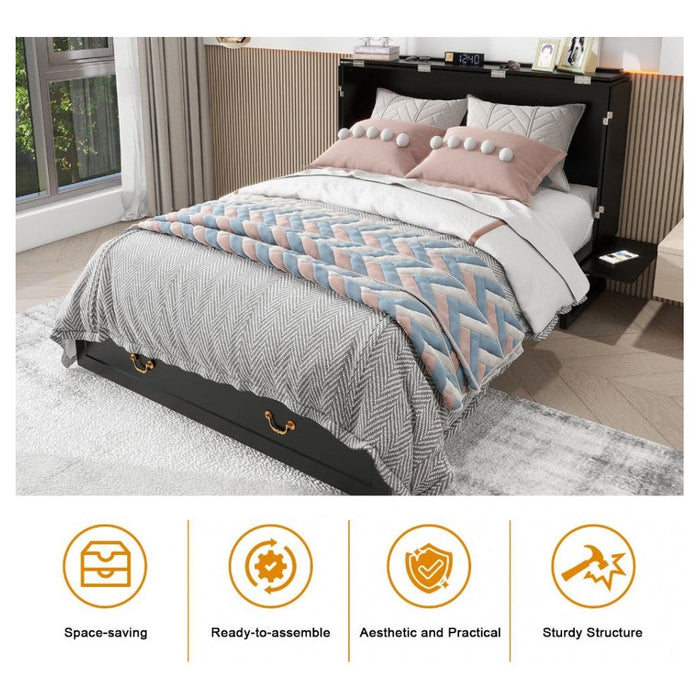 Livelylodge Queen Murphy Bed, Murphy Bed with Drawer Includes Storage Cabinet,USB and Charging Port,Black