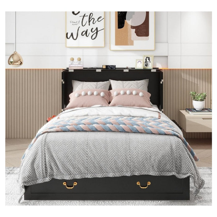 Livelylodge Queen Murphy Bed, Murphy Bed with Drawer Includes Storage Cabinet,USB and Charging Port,Black