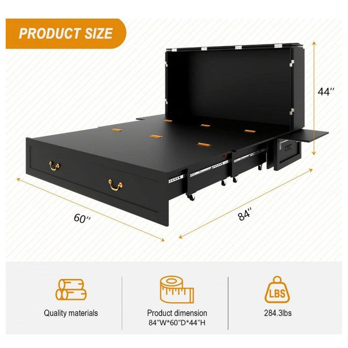 Livelylodge Queen Murphy Bed, Murphy Bed with Drawer Includes Storage Cabinet,USB and Charging Port,Black