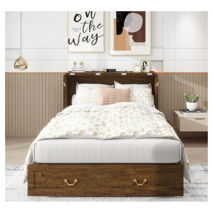 Livelylodge Murphy Bed Cabinet, Murphy Bed Queen with USB and Charging Ports, Murphy Bed Cabinet with Drawer,Reddish-Brown