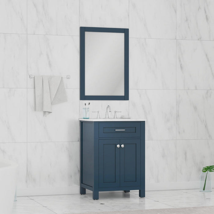 Alya Bath Norwalk 24" Single Blue Freestanding Bathroom Vanity With Carrara Marble Top, Ceramic Sink and Wall Mounted Mirror