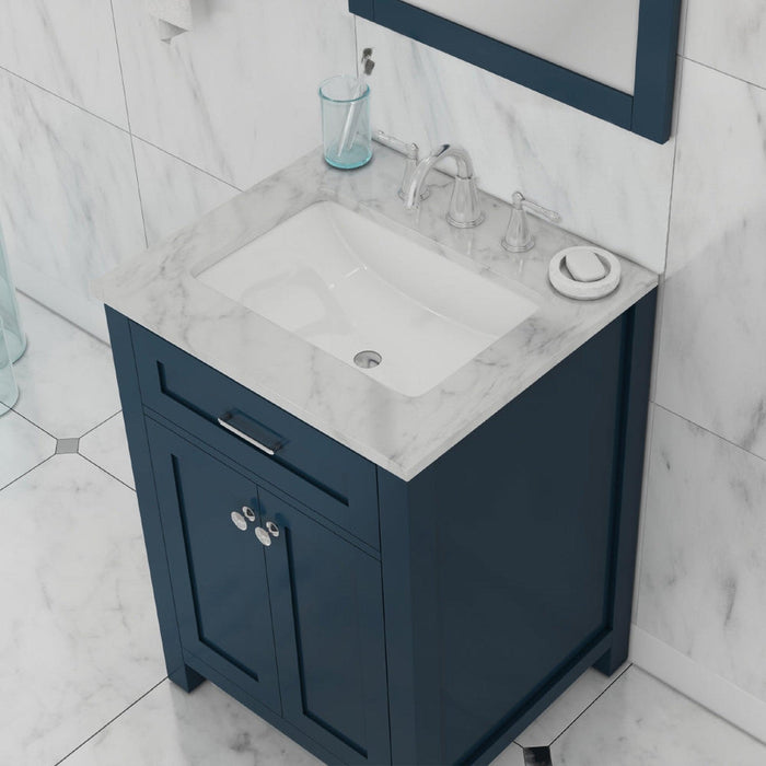 Alya Bath Norwalk 24" Single Blue Freestanding Bathroom Vanity With Carrara Marble Top, Ceramic Sink and Wall Mounted Mirror