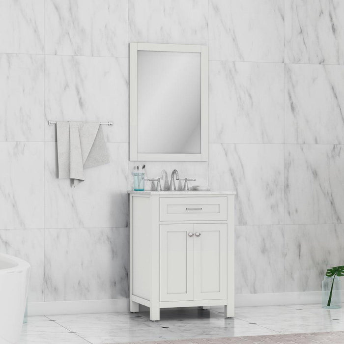 Alya Bath Norwalk 24" Single White Freestanding Bathroom Vanity With Carrara Marble Top, Ceramic Sink and Wall Mounted Mirror