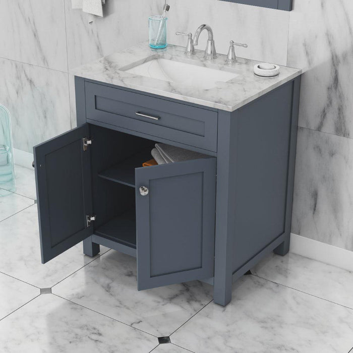Alya Bath Norwalk 30" Single Gray Freestanding Bathroom Vanity With Carrara Marble Top, Ceramic Sink and Wall Mounted Mirror
