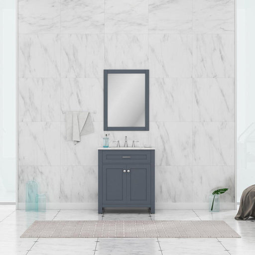 Alya Bath Norwalk 30" Single Gray Freestanding Bathroom Vanity With Carrara Marble Top, Ceramic Sink and Wall Mounted Mirror