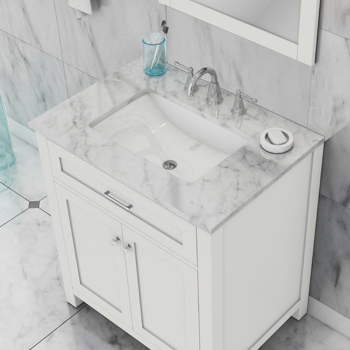 Alya Bath Norwalk 30" Single White Freestanding Bathroom Vanity With Carrara Marble Top, Ceramic Sink and Wall Mounted Mirror