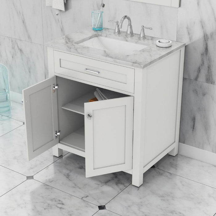 Alya Bath Norwalk 30" Single White Freestanding Bathroom Vanity With Carrara Marble Top, Ceramic Sink and Wall Mounted Mirror