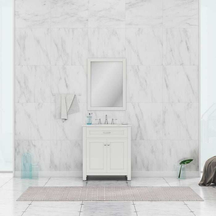 Alya Bath Norwalk 30" Single White Freestanding Bathroom Vanity With Carrara Marble Top, Ceramic Sink and Wall Mounted Mirror