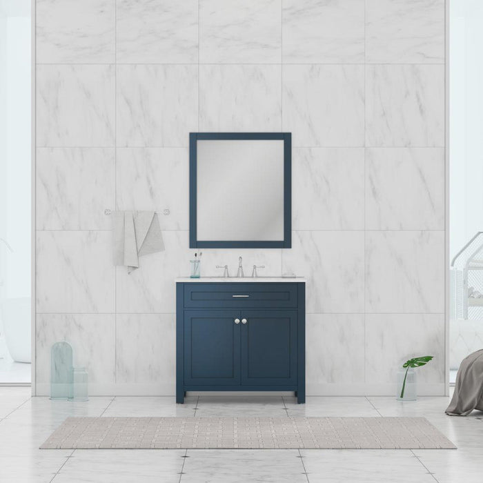 Alya Bath Norwalk 36" Single Blue Freestanding Bathroom Vanity With Carrara Marble Top, Ceramic Sink and Wall Mounted Mirror